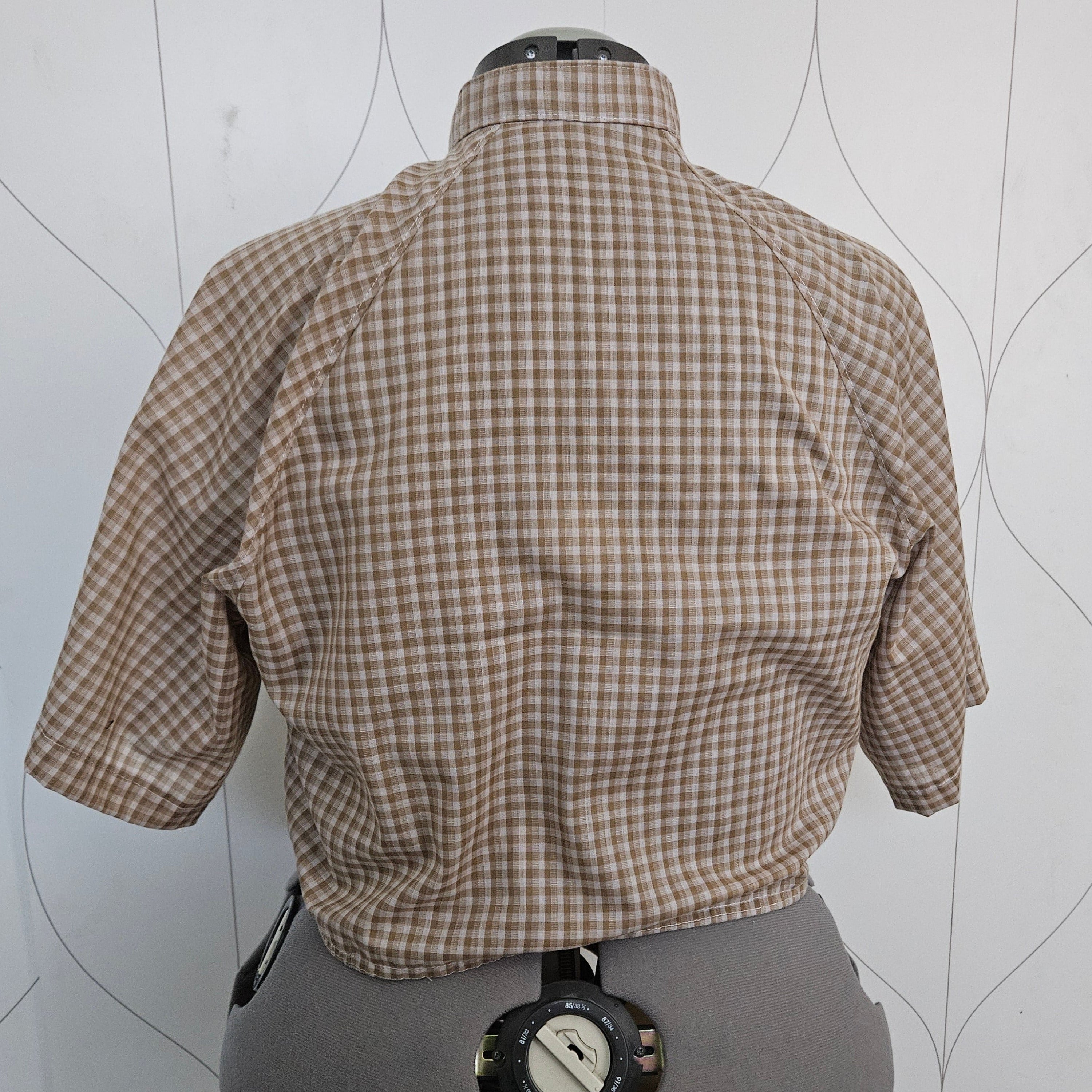 Back view of beige gingham button-up shirt