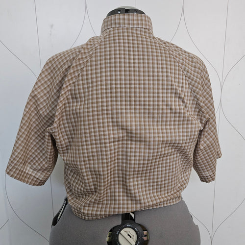 Back view of beige gingham button-up shirt