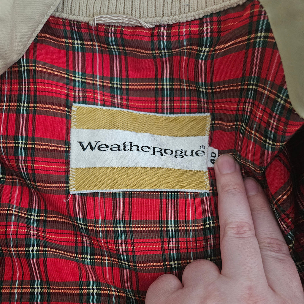 Brand tag on a red plaid lining