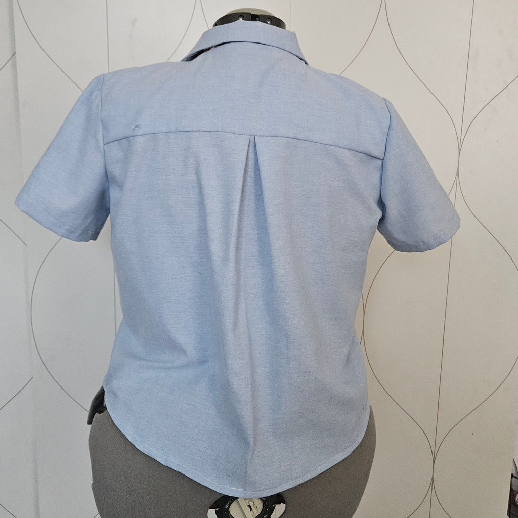 Back view of light blue shirt with collar, back yoke, and inverted box pleat