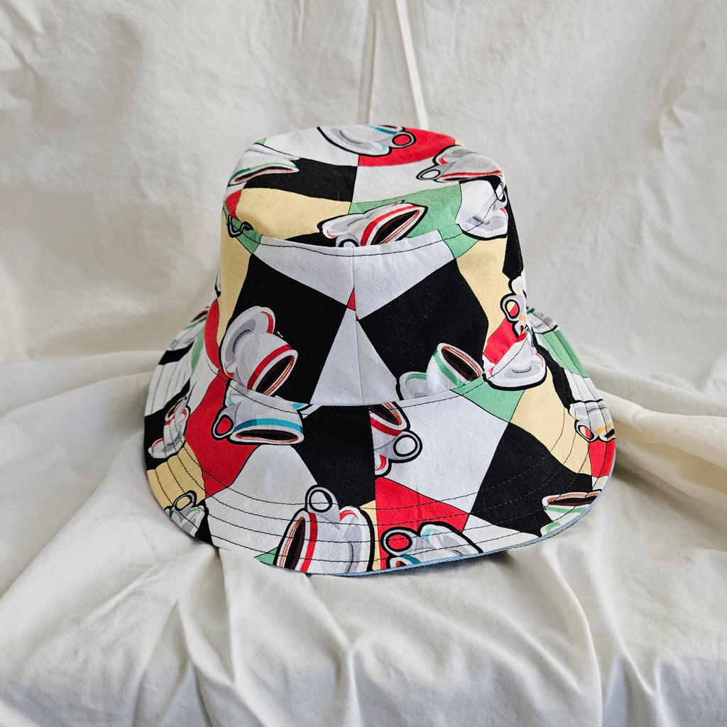 Front view of diner print bucket hat