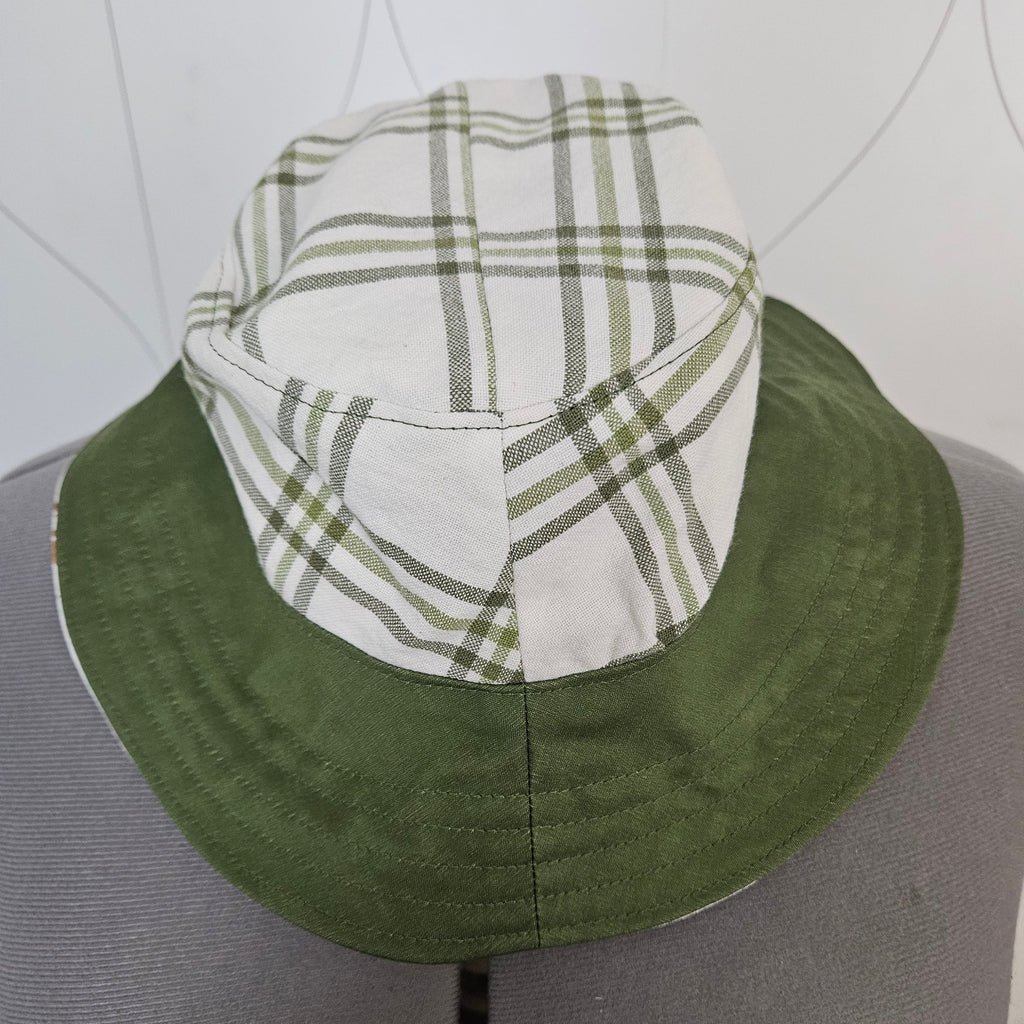 Front view of green and white plaid bucket hat