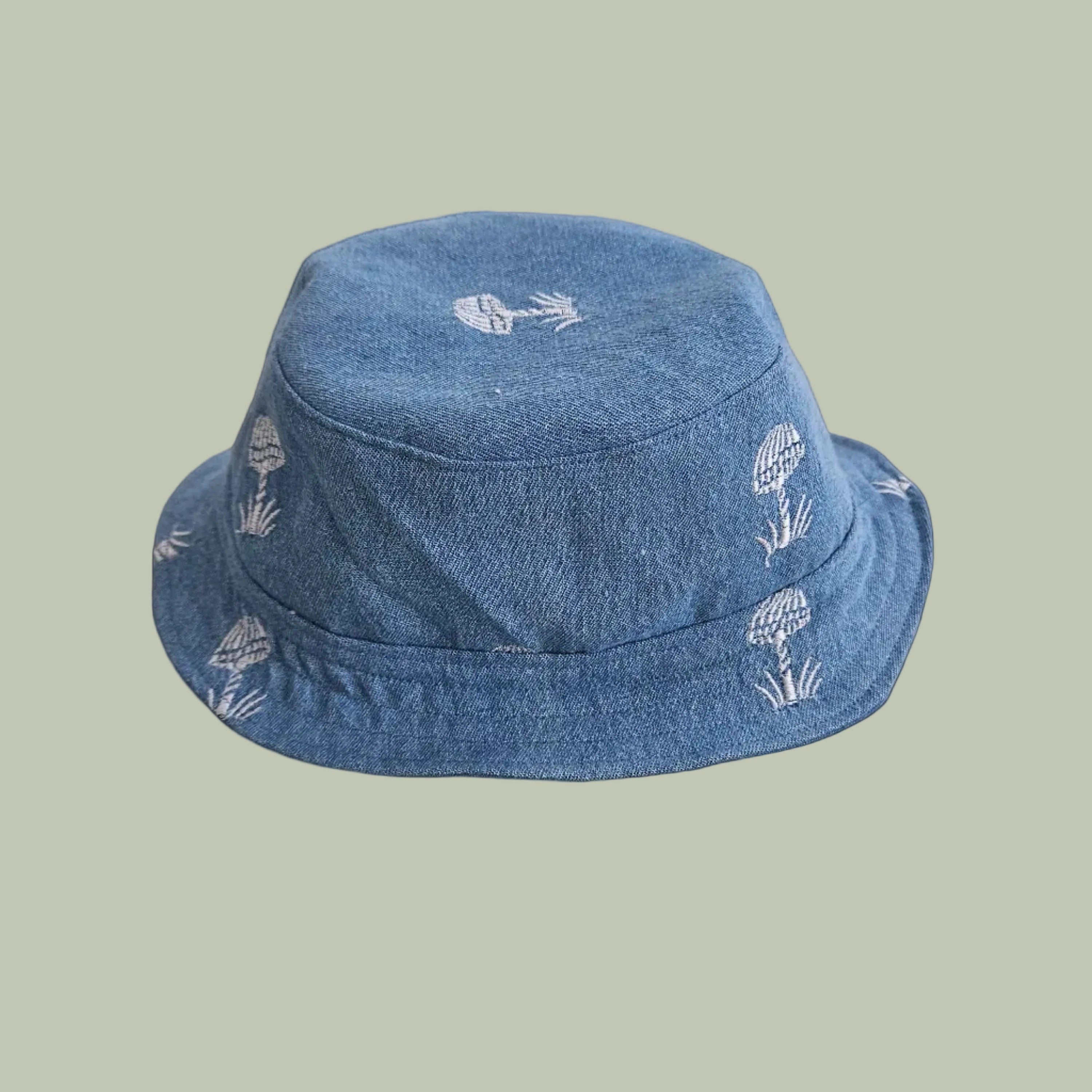 Mushroom embroidered denim bucket hat