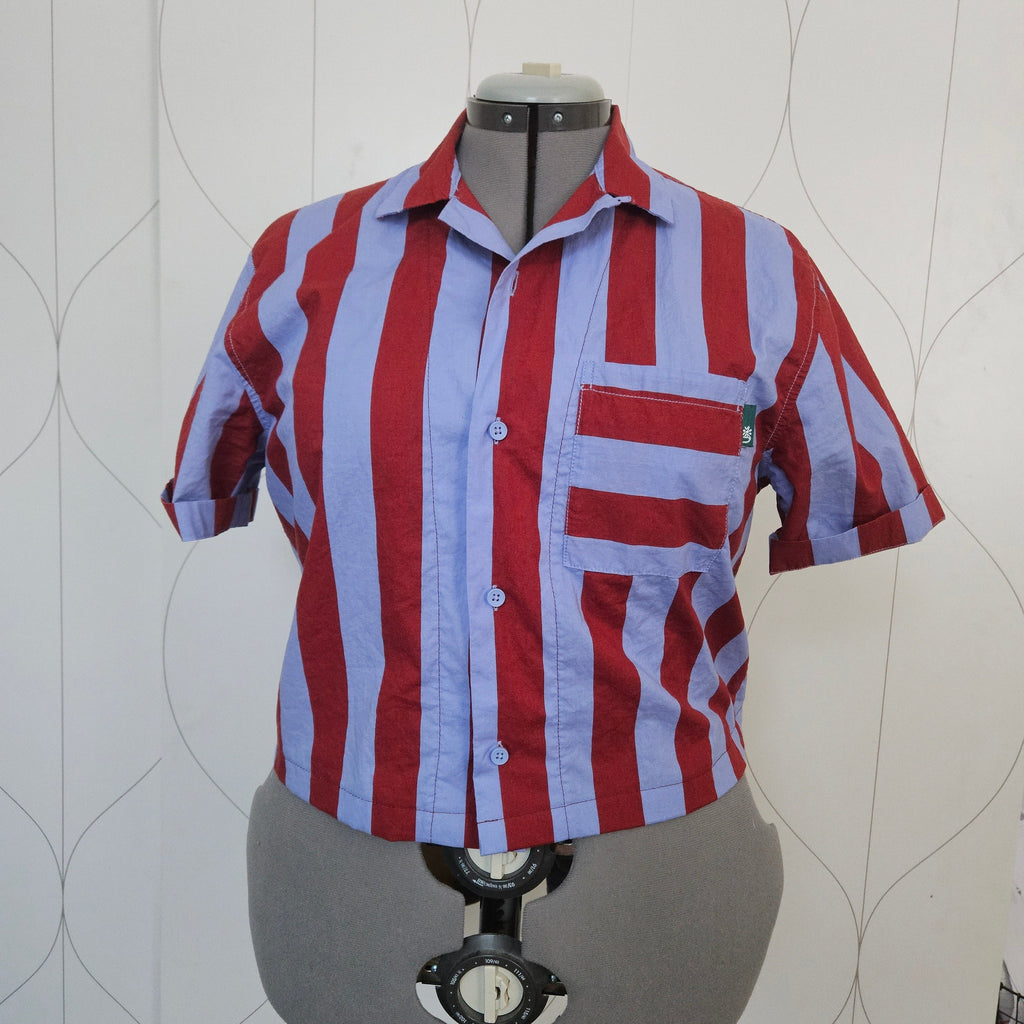 Red and purple striped button-up front with patch pocket
