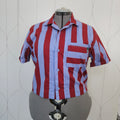 Red and purple striped button-up front with patch pocket